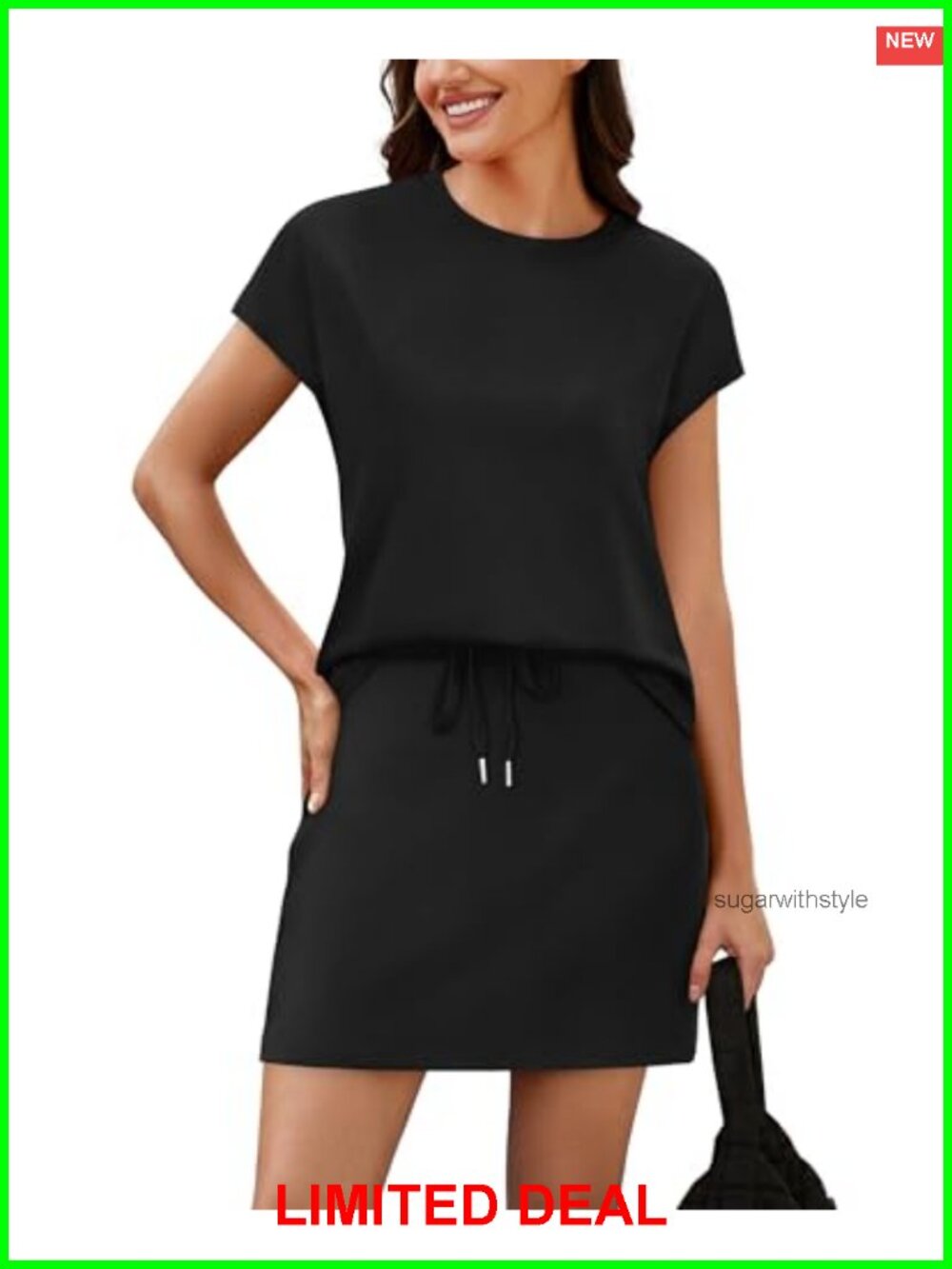 Textured Knit 2-Piece Skirt Set Crew Neck Cap Sleeve Skort with Pockets
